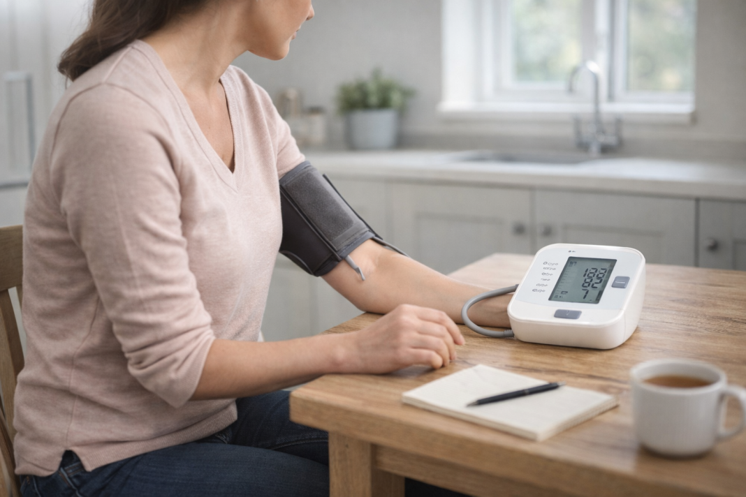 Person checking blood pressure at home in a calm UK kitchen using a digital monitor